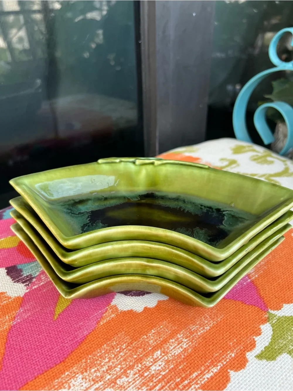 Vintage Wade California 504 Green Drip Glaze Bamboo Snack Serving Trays Set of 4